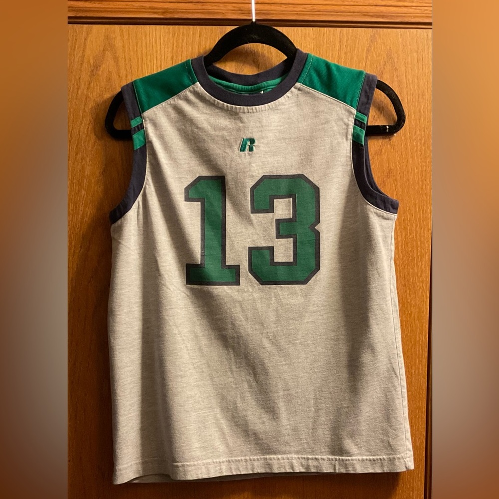 Boy’s Russell Sleeveless Graphic Tank Grey and Green T-Shirt. Number 13 in Green